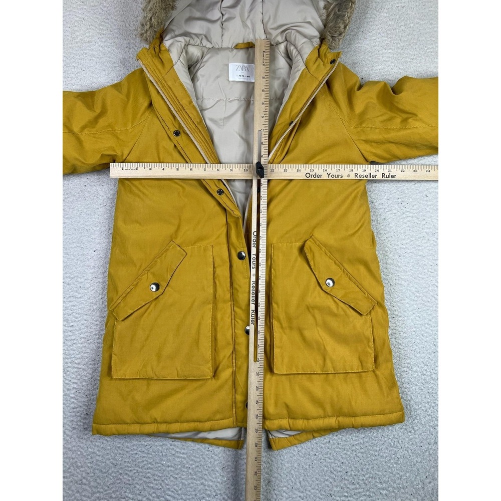 Zara Kids Parka Coat Youth 13-14 Yellow Hooded Faux Fur Trim Winter Insulated - Picture 9 of 10